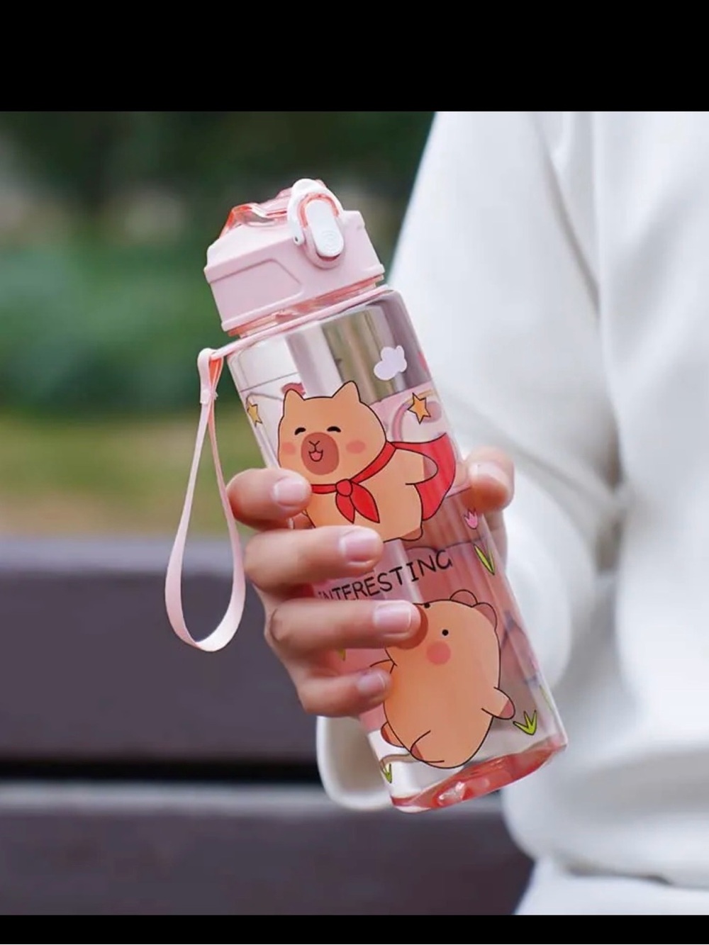 Pink Cute Bear Kids Water Bottle with Strap